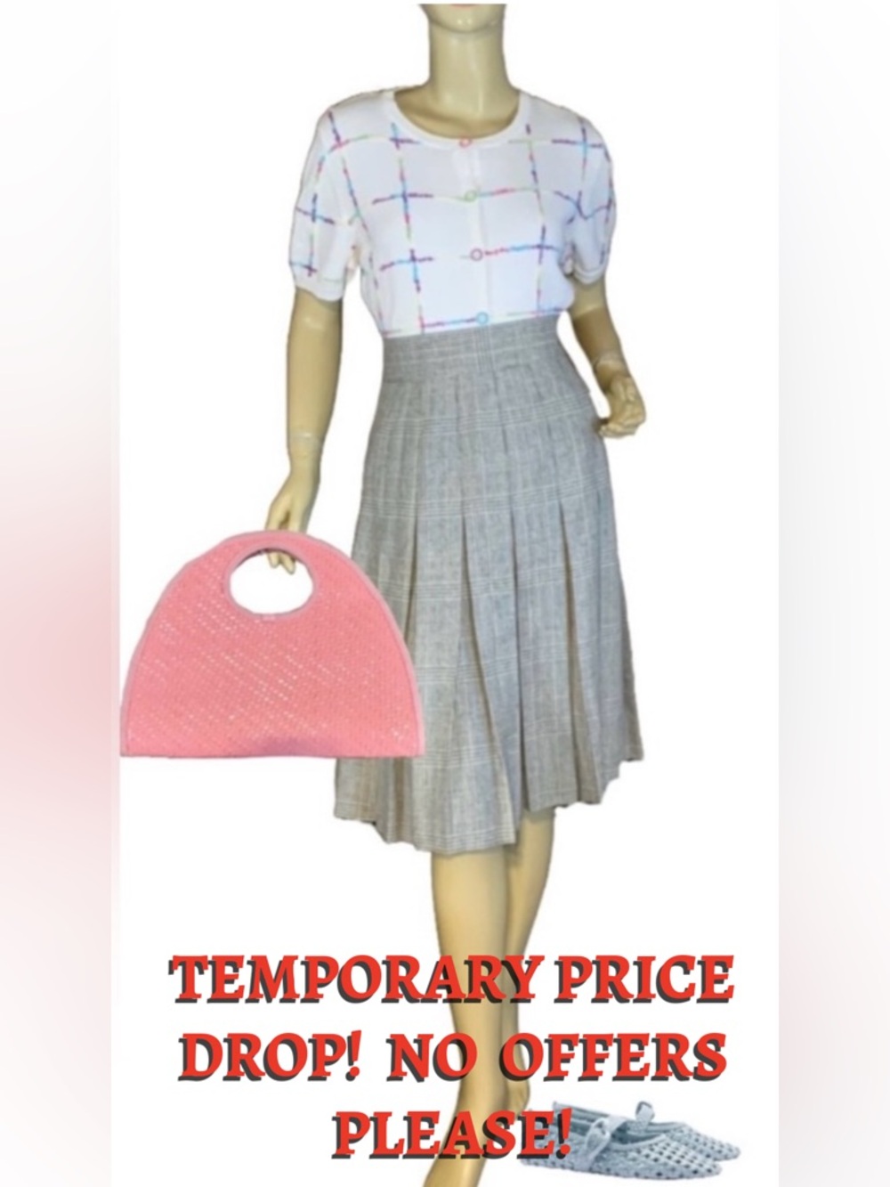 VINTAGE 1980'S CHAUS PINK, BLUE, YELLOW  & GRAY PLAID PLEATED SKIRT (12)